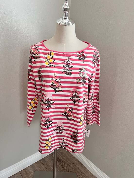 Talbots Tops - Talbots Women's 3/4 Sleeve Striped Floral Print Cotton-Spandex Tee